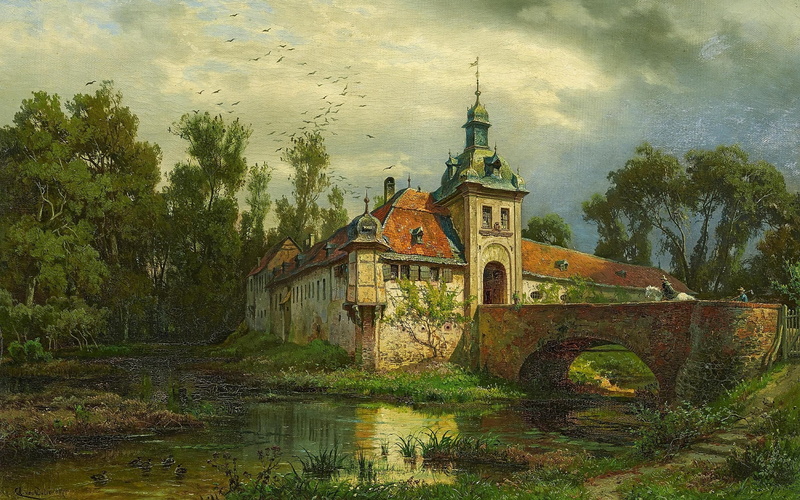 The return on horseback, Water castle with a home-appearances tab, August Levin von Wille, Castle with a moat and returning rider, oil on canvas, German painter