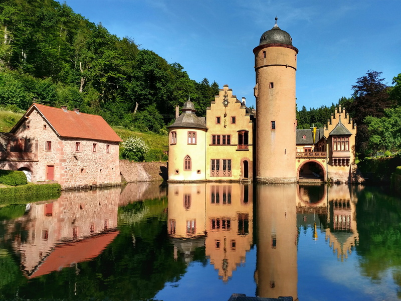 blue, architecture, middle ages, built structure, day, building, germany, moated castle, travel destinations, outdoors, waterfront, mirroring, waters, the past