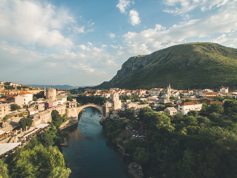 fort, no people, moat, cloud - sky, aerial view, sky, city, outdoors, bosnia and herzegovina, bridge, townscape, beauty in nature, day, plant, built structure