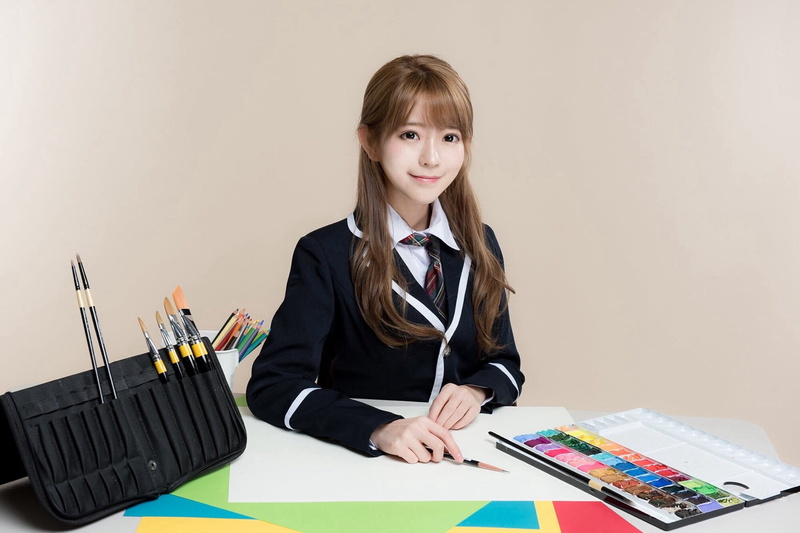 smiling, cosplay, portrait, Korean, Yurisa Chan, 720P, brown hair, hair, front view, bangs, one person, females, holding, indoors, pen, women, girls, uniform