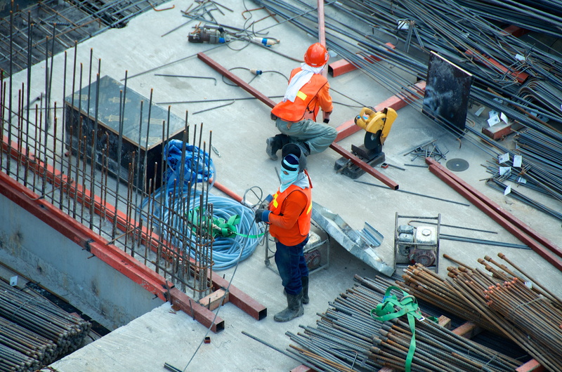 adult, high angle view, steel, full length, skill, concrete, protection, colour, males, people, occupation, color, construction, building, foundations