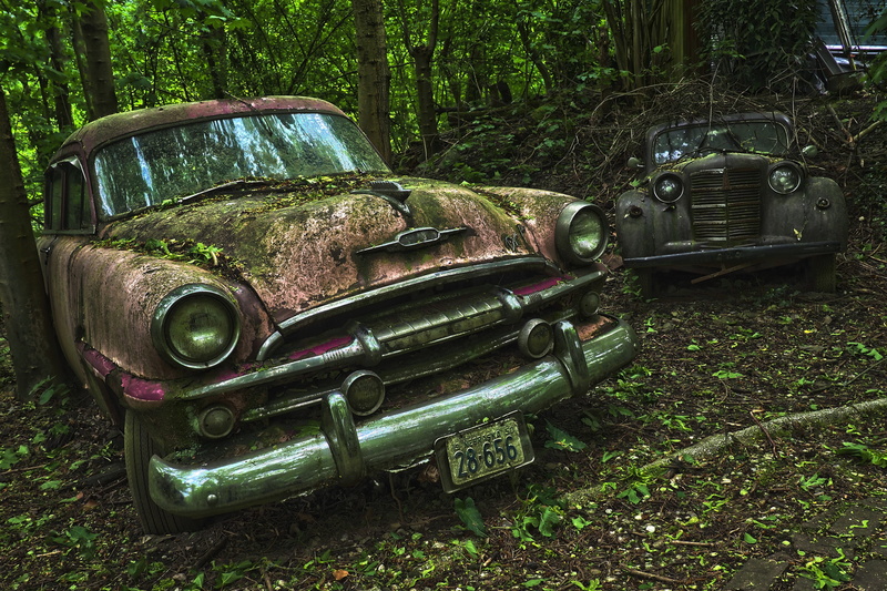 broken, car wreck, damaged, run-down, nostalgia, wreck, 50s, rusted, obsolete, day, forest, car, no people, discarded, transportation, metal, motor vehicle