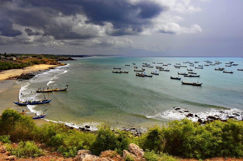 travel, coastline, body, West Africa, boats, cloud - sky, fischer, day, yacht, high angle view, scenics - nature, transportation, Ghana, sky, nature, nautical vessel