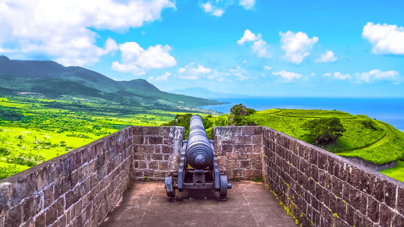 heritage, landscape, grass, west  indies, concrete, perspective, view, famous Place, 4K, green  mountain, Cannon, st  kitts  nevis, cannoneer, coast, unesco