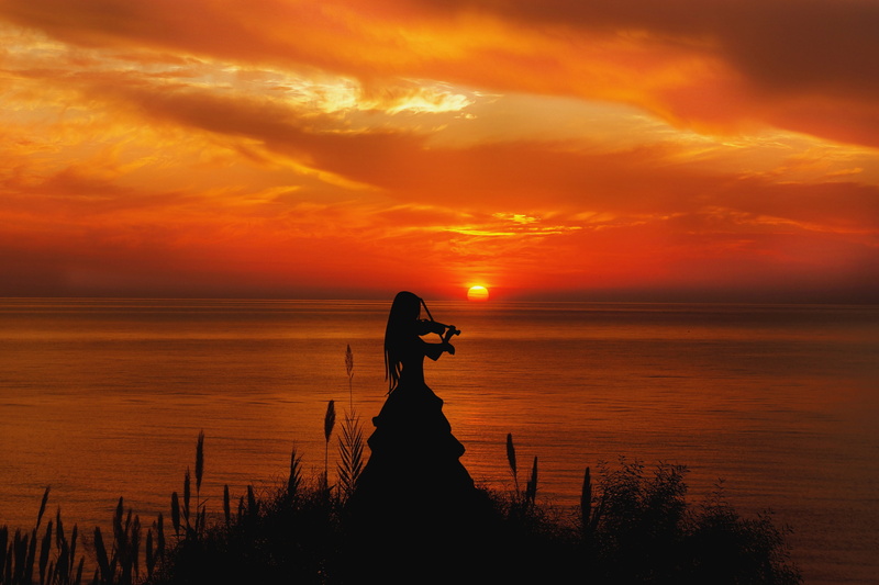 woman, women, clouds, view, the silhouette, lake, silhouette, playing, tranquility, 5K, nature, violin, scenics - nature, night, orange color, landscape