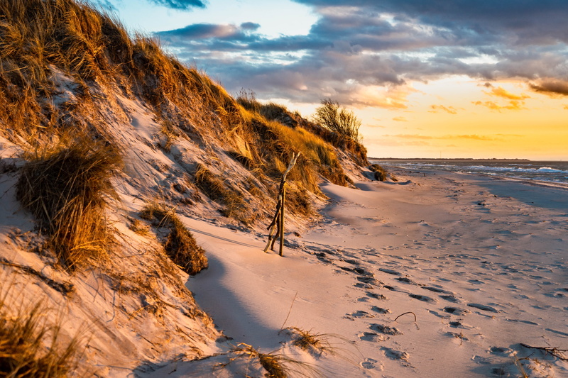 tranquil scene, romantic, evening light, land, snow, beach, water, west beach, dune grass, horizon over water, outdoors, idyllic, sunset, baltic sea, non-urban scene