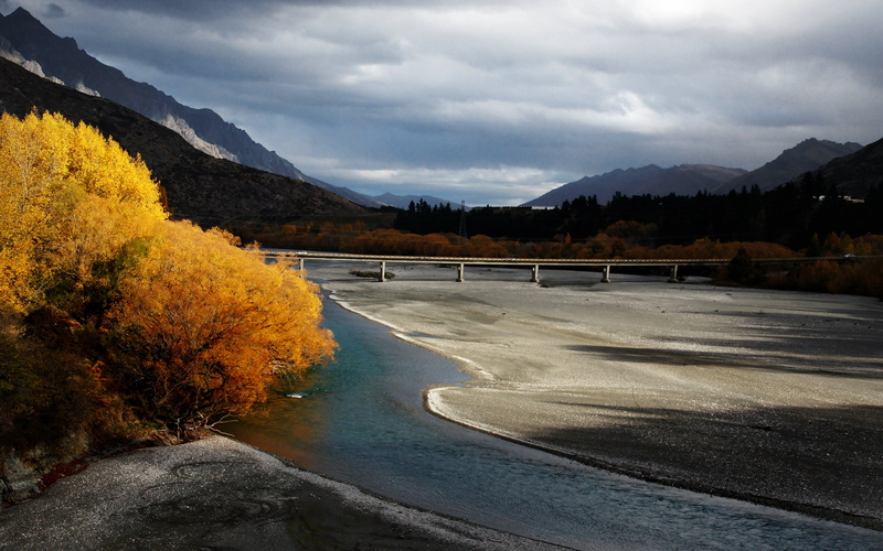 photos, F3.5, tree, 1080P, outdoors, Bridge, river, colours, Public Domain, road, landscape, New Zealand, surrounded, geo tagged, shotover, sky, Shotover River