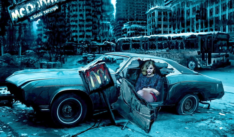 motor vehicle, women with cars, mode of transportation, real people, Chloë Grace Moretz, hood - clothing, hood, portrait, damaged, painting, wreck, broken