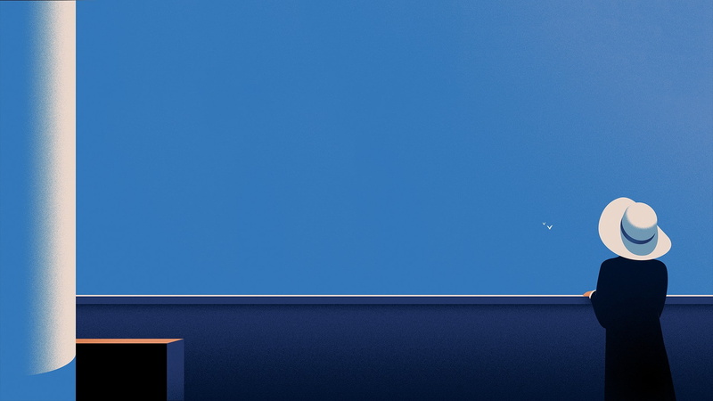 Rear View, Thomas Danthony, minimalism, women, hat, Balcony, artwork, birds, 1080P, digital art, Blue Background