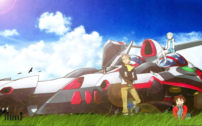 outdoors, sky, Eureka (character), low angle view, sunlight, nature, leisure activity, sitting, day, air vehicle, anime girls, Thurston Renton, transportation