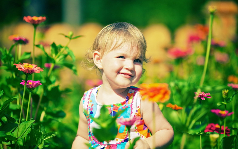amongst, plant, flower, emotion, hair, happiness, looking at camera, girl, hd, front view, blue, girls, dress, beauty in nature, sleeveless