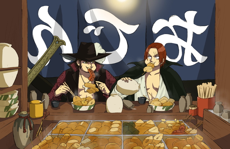 Anime, art and craft, lifestyles, human representation, real people, drink, indoors, table, costume, celebration, front view, Dracule Mihawk, sitting, disguise
