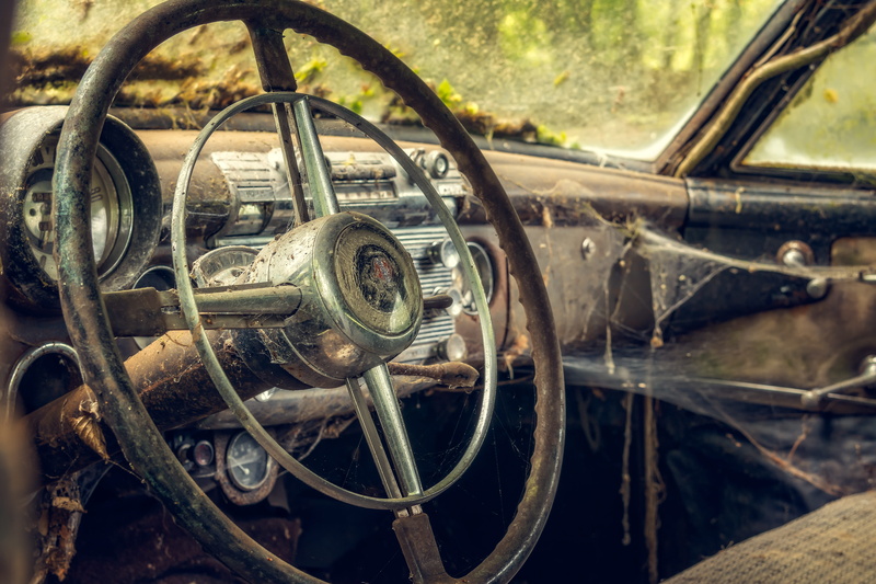 wheel, land vehicle, instrument panel, decline, metal, interior, auto, deterioration, black, nostalgic, steering wheel, lost places, run-down, vehicle interior