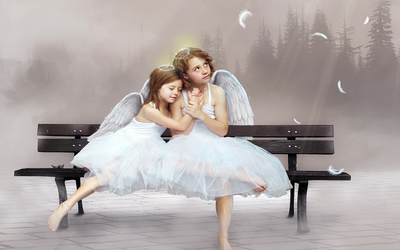 child, art, hd, cute, 720P, Angel, little, people, feather, angels, bench