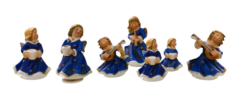 porcelain, adult, fun, studio shot, arts culture and entertainment, decoration, little angel, childhood, sister, blue, white background, christmas, group of people