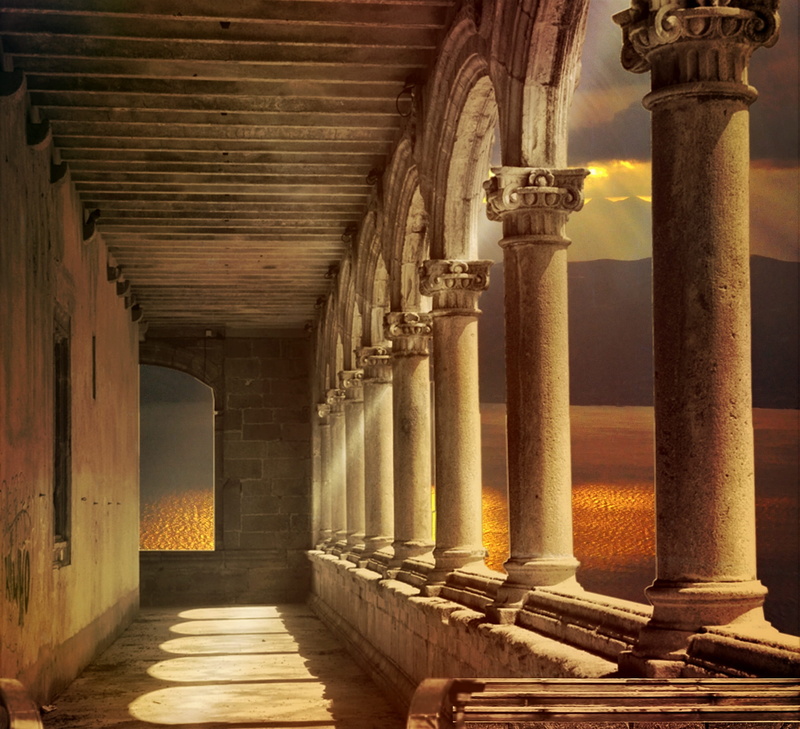 sea, built structure, old, direction, sunbeam, hispanic, historically, history, idyll, romantic, antique, light and shadow, gang, indoors, building, arcade