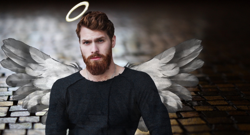 male, guardian angel, men, emotion, portrait, halo, wearing, adult, young men, good angel, angel, greeting card, sleeved, innocence, black, paving stones