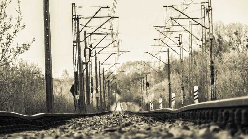gray, surface level, plant, track, outdoors, electricity, field, railway, technology, land, train, 1080P, sky, transportation, nature, rail transportation