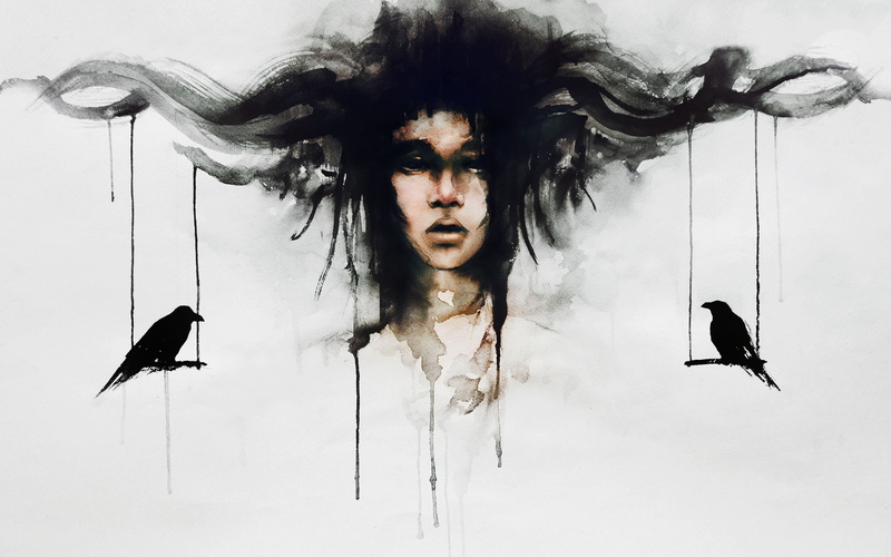 black color, young women, spooky, dream, studio shot, catcher, artwork, make-up, women, looking at camera, hair  , horror, black, hair, hairstyle, digital composite