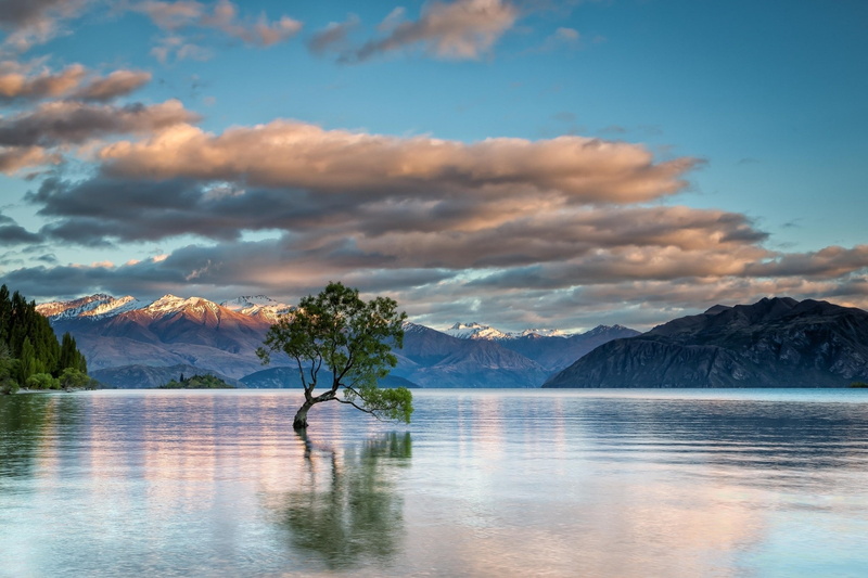 Lake Wanaka, reflection, New Zealand, nature, 1080P, mountains, snow, lake, trees, landscape, horizon, clouds