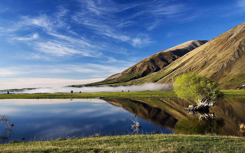 water, mountain, lake, clouds, range, isl, tree, nature and landscapes, new, grass, canterbury, coleridge, daylight, green, nature, zeal, 1080P, south