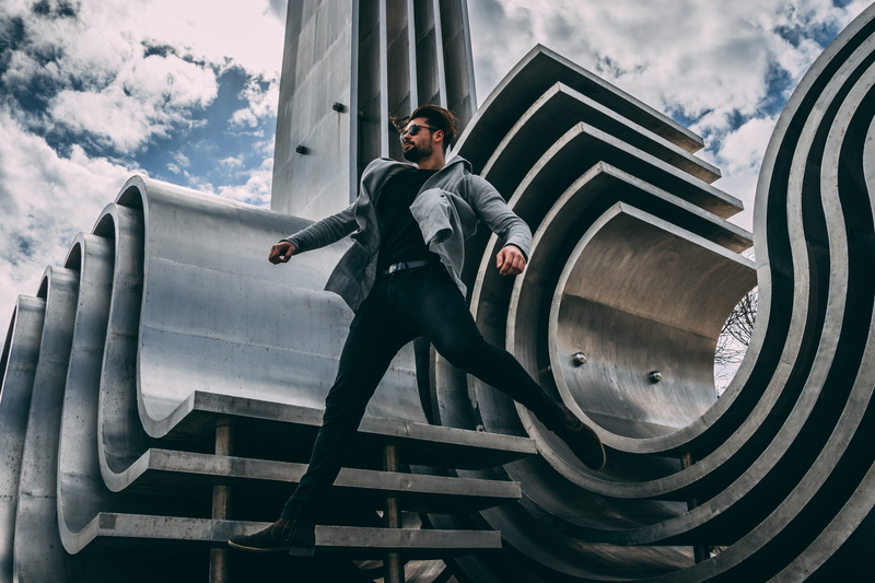 full length, guy, building exterior, architecture, man, outdoors, male, real people, young men, cloud, staircase, 5K, steps and staircases, leisure activity