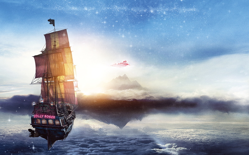 sea, poster, the sky, fantasy, Jolly Roger, 2K, clouds, Pan, Pan: Journey to Neverland, ship, pirates, adventure