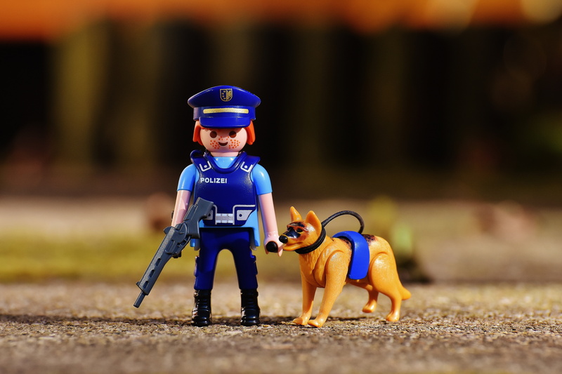 small, playmobil, emotion, 5K, men, cute, helmet, people, portrait, selective focus, males, dog guide, full length, lego, innocence, boys, offspring, police dog