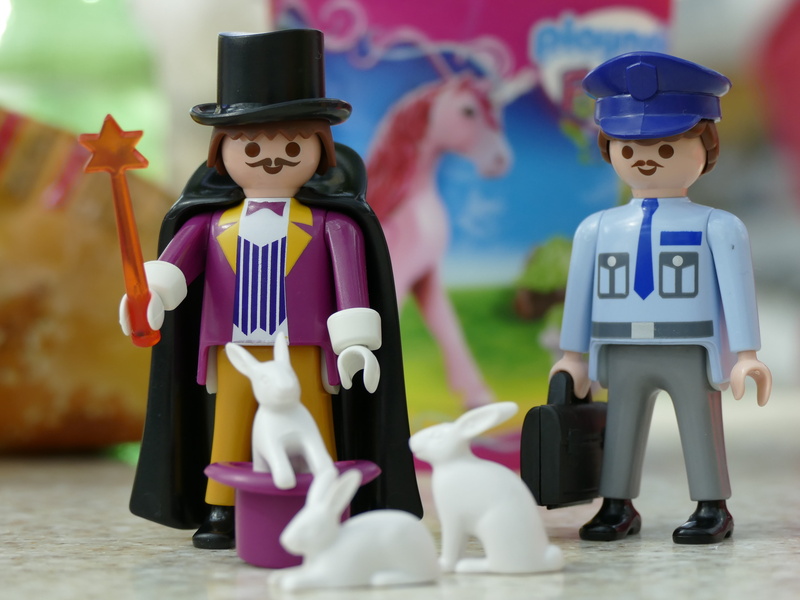 men, playmobil, people, figurine, security, plastic, 4K, game characters, cop, male likeness, female likeness, magician, standing, play, focus on foreground