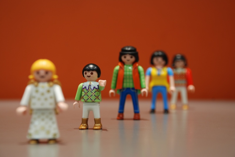 group of people, child, females, table, women, colored background, males, men, toy, lego, small, childhood, indoors, human representation, 4K, figurine