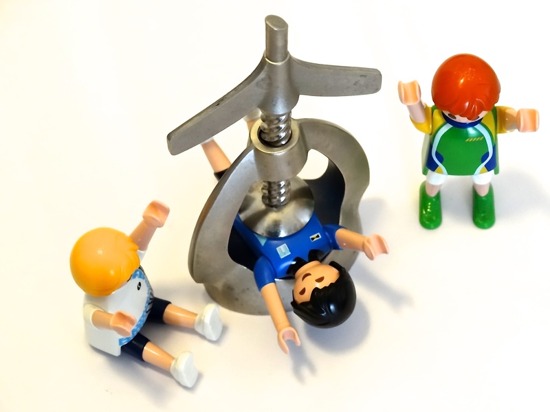 high angle view, three, playmobil, still life, accident, close-up, toy, indoors, presses, white background, figurine, cry for help, 2K, metal, help, childhood