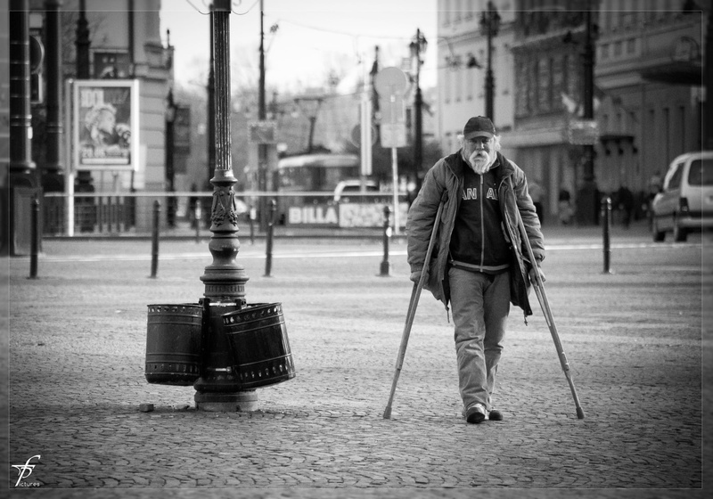 walking, man, 1080P, lifestyles, ill, leisure activity, crutches, adult, black and white, person, street, architecture, women, real people, front view