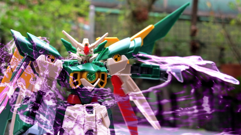 robot, focus on foreground, no people, outdoors, Gundam Build Fighters, purple, green, Gunpla, plant, bow, white, Gundam, day, ribbon, ribbon - sewing item