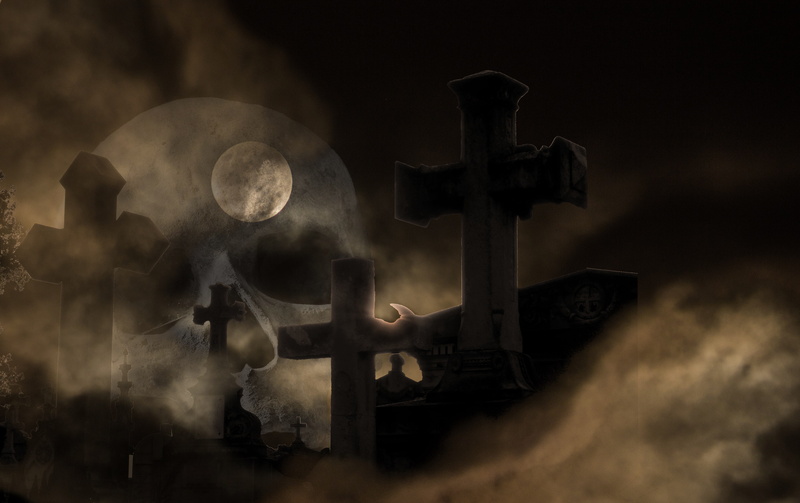 cemetery, scary, skull, crucifix, graveyard, smoke - physical structure, nature, spirituality, moon, religion, emotion, architecture, tombstone, 4K, metal