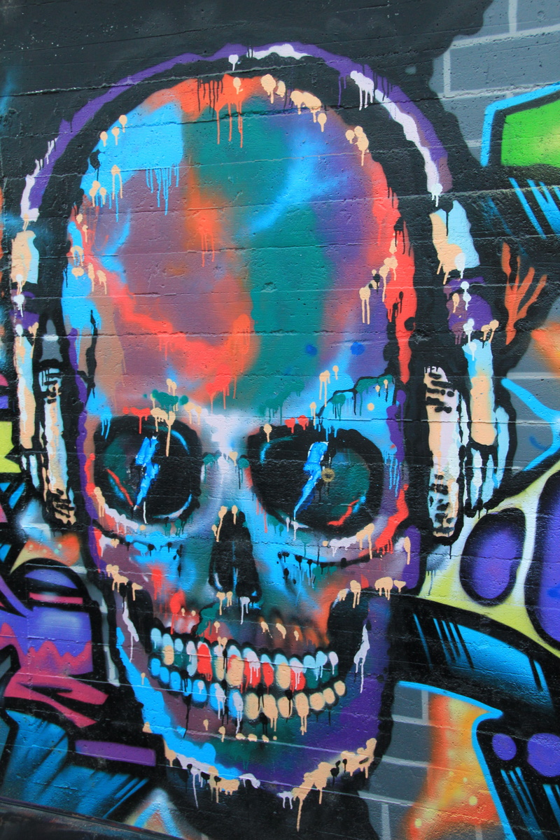 skull, headphones, paint, creativity, 5K, indoors, body part, architecture, forest painting, full frame, no people, graffiti, wall, skull and crossbones