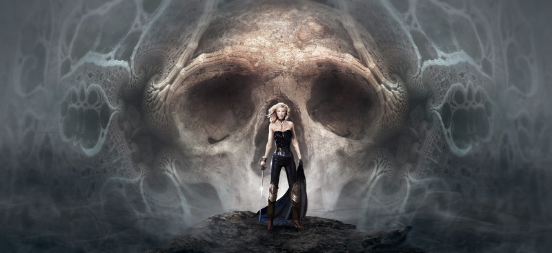 amazone, young adult, hair, photomontage, skull and crossbones, indoors, skull, creepy, digital composite, haze, foggy, magic, looking, scary woman, dream