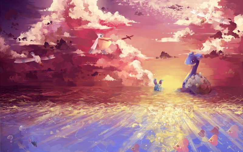 sunlight, reflection, digital composite, Water Pokémon, Luvdisc (Pokémon), Lapras (Pokémon), nature, sky, scenics - nature, one person, sea, Wingull (Pokémon)