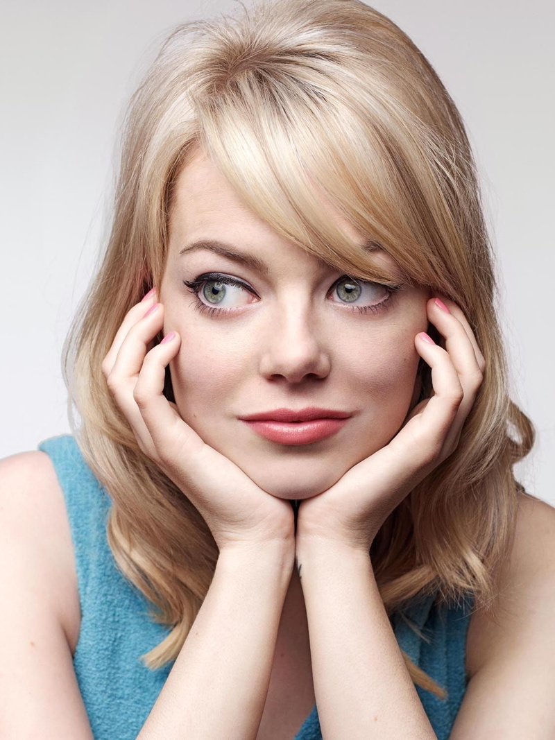 simple background, portrait, beauty, Emma Stone, beautiful woman, headshot, one person, adult, 720P, front view, body part, bangs, indoors, studio shot