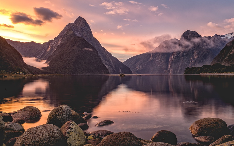 newzealand, water, no people, sky, reflection, sound, mountains, non-urban scene, rock - object, nature, sunset, fiordlandnationalpark, lakes, idyllic