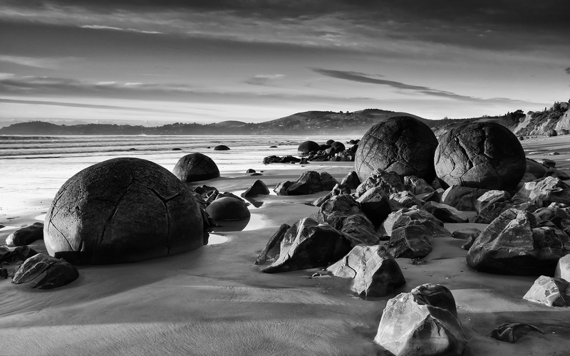 2K, blackandwhite, newzealand, planet, otagonewzealand, photography, water, moeraki, ocean, sand, sky, seascape, grey, landscape, beach, nature, rocks