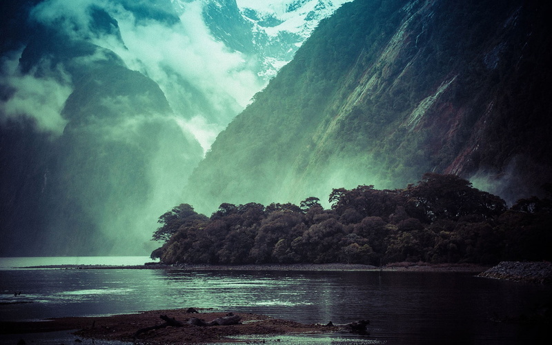 water, snowy peak, New Zealand, 1080P, fjord, long exposure, sky, morning, flowing water, sea, trees, idyllic, tranquil scene, forest, no people, mist