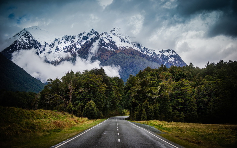 snowcapped mountain, diminishing perspective, beauty in nature, transportation, New Zealand, 2K, mountain peak, forest, direction, clouds, no people, road