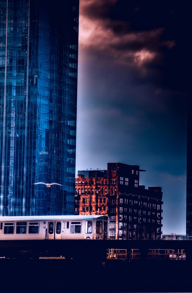 city, built structure, dusk, skyscraper, water, train, downtown, building exterior, illuminated, buildings, nature, transportation, cloud - sky, sky, mass transit