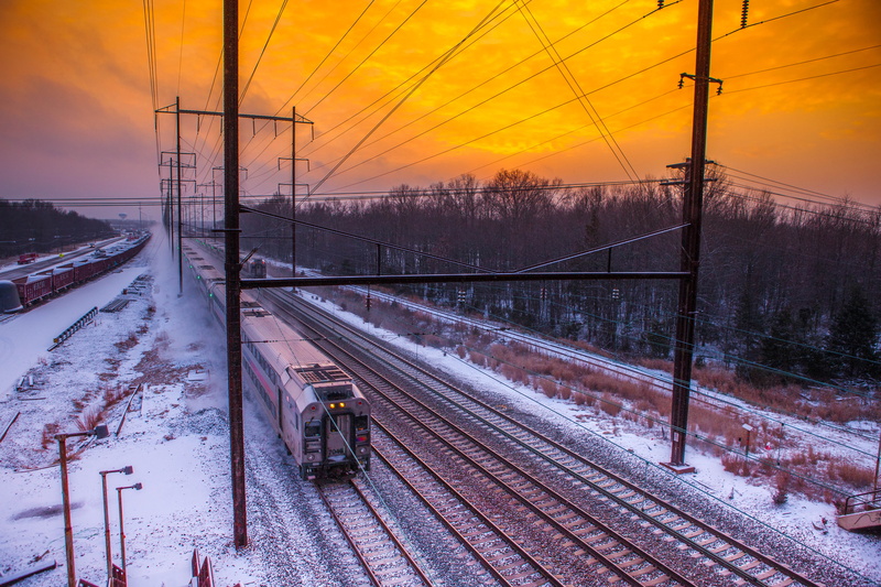 Transportation, grey, railroad Track, Train, Winter, Sunset, 5K, brown, Central New Jersey, NJ Transit, metal, Commute, Snow, station