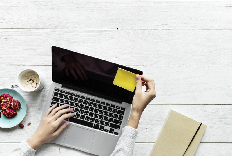 yellow, monitor, communication, wooden table, note, work, internet, typing, table, computer, keyboard, wood - material, hand, work from home, 1080P, technology