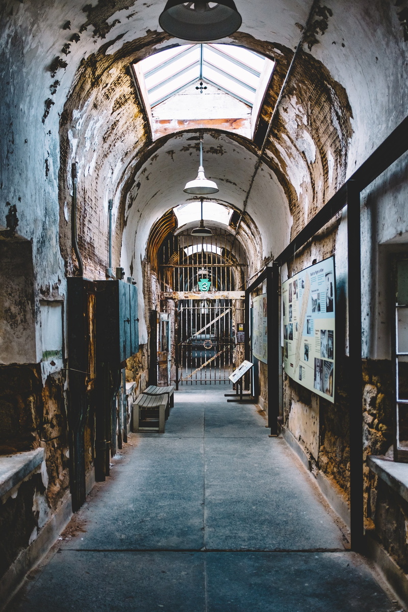 board, diminishing perspective, bulletin, damaged, corridor, architecture, gate, arcade, abandoned, 2K, built structure, lamp, wall, day, no people, steel