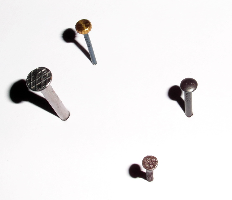 high angle view, still life, element, Nail, indoors, group of objects, surface, no people, 2K, Hammer, two objects, white, studio shot, music, head, cut out