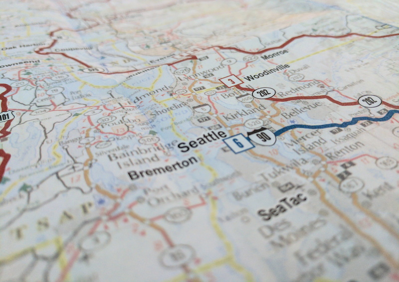 seattle, thumbtack, topography, map, united states, indoors, guidance, text, full frame, no people, searching, selective focus, exploration, travel destinations