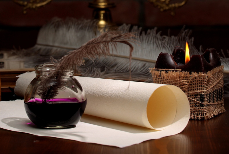 quill pen, pen, glass, paper, scroll, feather, brown, container, celebration, elegance, drink, decoration, backgrounds, wood - Material, red wine, close-up
