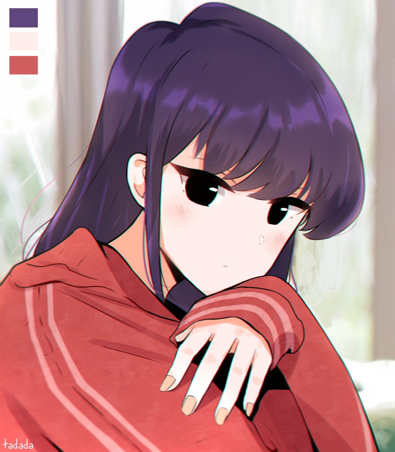 Komi-san wa, Comyushou desu., looking at viewer, black eyes, fan art, blushing, long hair, Komi Shouko, red sweater, 720P, anime girls, 2D, black hair